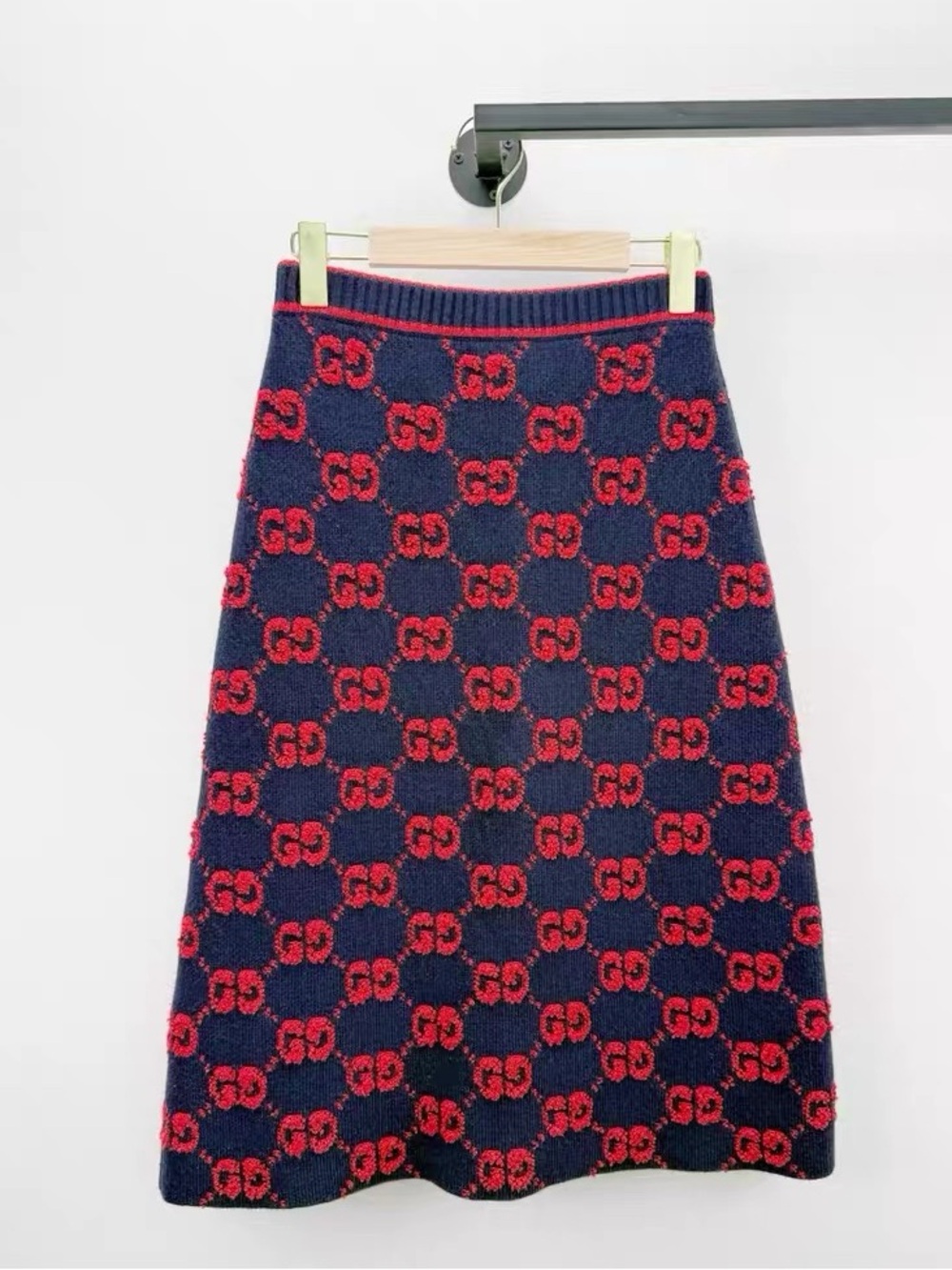 Gucci Navy and Red Logo-Pattern A-Line Skirt